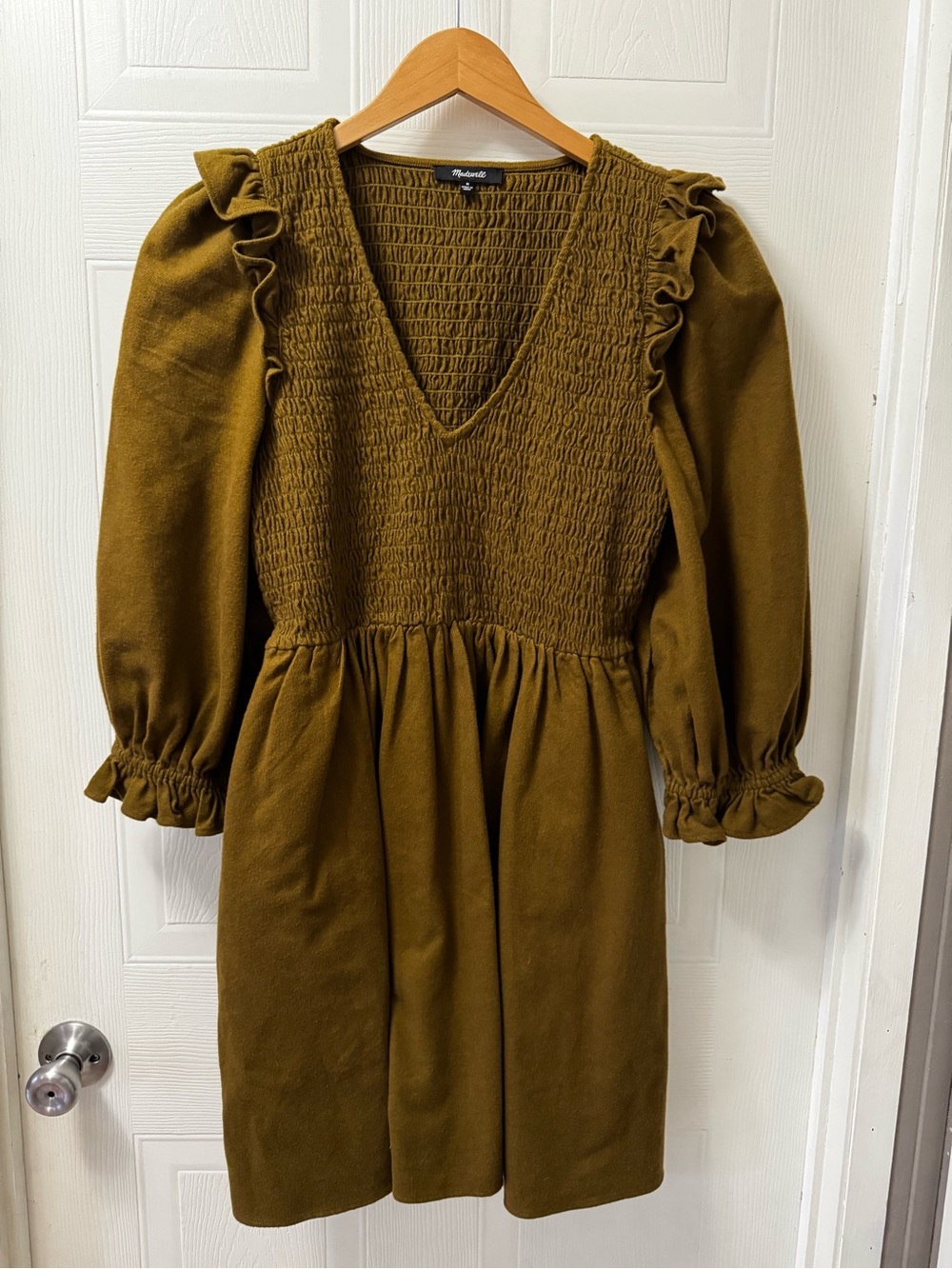 Madewell Olive Green Smocked V-Neck Ruffle Long Sleeve Dress